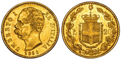 Regno d'Italia, Umberto I di Savoia, 20 Lire 1886, oro