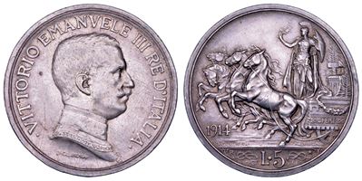Regno d'Italia, Vittorio Emanuele III di Savoia, 5 Lire 1914, argento, g. 24,97, diam. mm. 37,17