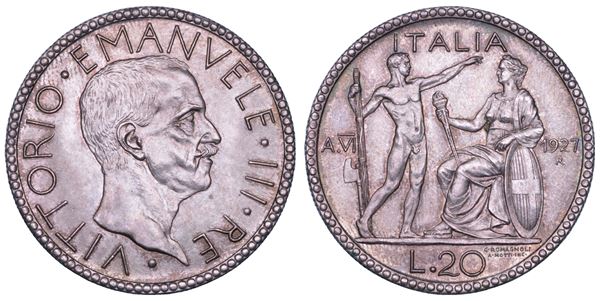 REGNO D'ITALIA. VITTORIO EMANUELE III DI SAVOIA, 1900-1946. 20 Lire 1927/A. VI.