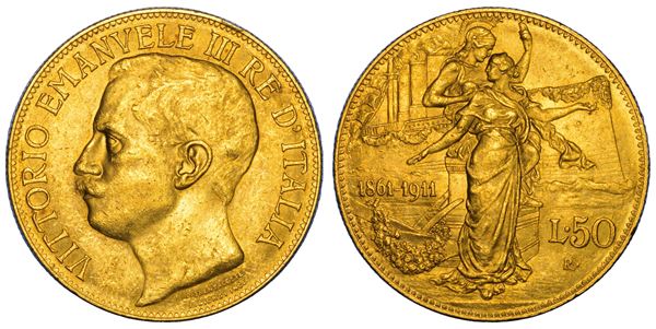REGNO D'ITALIA. VITTORIO EMANUELE III DI SAVOIA, 1900-1946. 50 Lire 1911. Cinquantenario.
