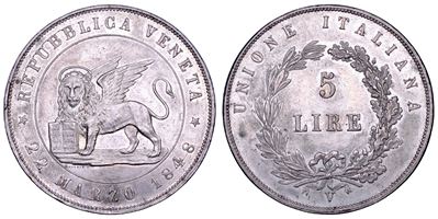 Moneta del Governo Provvisorio di Venezia, 5 Lire 1848 (I tipo)