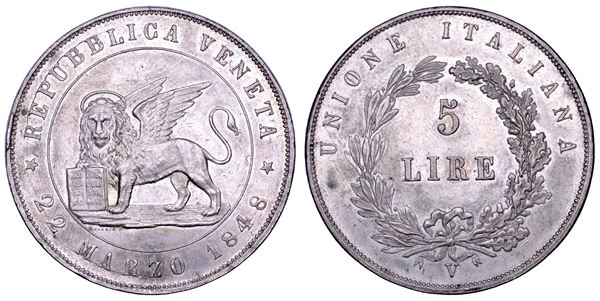 VENEZIA. GOVERNO PROVVISORIO DI VENEZIA, 1848-1849. 5 Lire 1848 (I tipo).