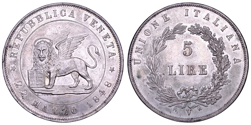 VENEZIA. GOVERNO PROVVISORIO DI VENEZIA, 1848-1849. 5 Lire 1848 (I tipo).  - Auction Numismatics - Cambi Casa d'Aste