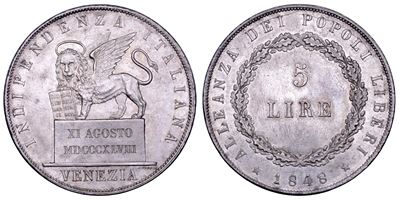 Moneta di Venezia, Governo Provvisorio di Venezia, 5 Lire 1848 (II tipo)