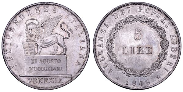VENEZIA. GOVERNO PROVVISORIO DI VENEZIA, 1848-1849. 5 Lire 1848 (II tipo).