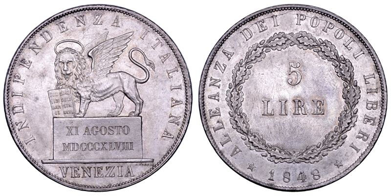 VENEZIA. GOVERNO PROVVISORIO DI VENEZIA, 1848-1849. 5 Lire 1848 (II tipo).  - Asta Numismatica - Cambi Casa d'Aste