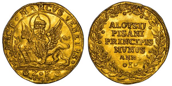 VENEZIA. ALVISE PISANI, 1735-1741. Osella d'oro da 4 zecchini. Anno I, 1735.  Il leone di San Marco, a S., con Vangelo tra le zampe; in esergo Z F 1735  R/ ALOYSIJ PISANI PRINCIPIS MVNVS ANNO I in 6 righe entro corona d'ulivo. Paolucci, 400. CNI 94. Mont. 2607 13,78.   Diam. mm.   36,65  Rara.   Oro     Lievi tracce di montatura   SPL Osella d'oro da 4 zecchini. Anno I, 1735.