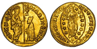 Marino Grimani, Zecchino con S. Marco e il Redentore, 1595-1605