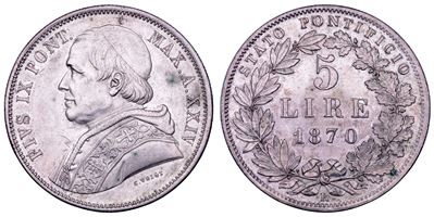 Stato Pontificio, 5 Lire 1870/A, Più IX (1846-1878), Roma