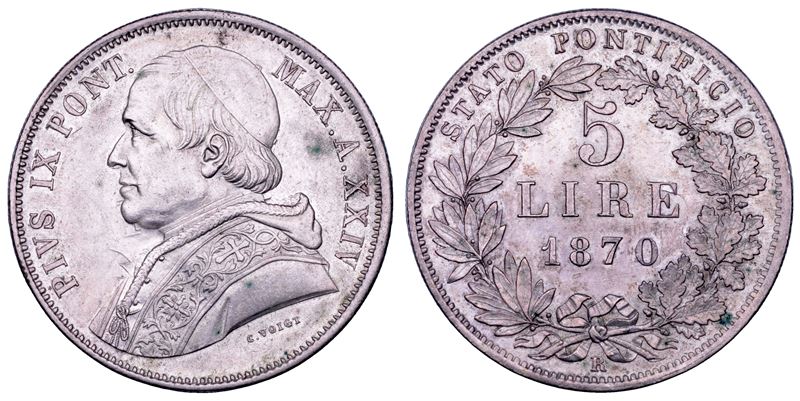 STATO PONTIFICIO. PIO IX, 1846-1878. 5 Lire 1870/A. XXIV. Roma.  - Asta Numismatica - Cambi Casa d'Aste