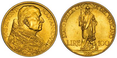 VATICANO, Pio XI, 100 Lire 1929/A, VIII