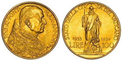 Moneta, Vaticano. 100 Lire 1933-1934. Pio XI