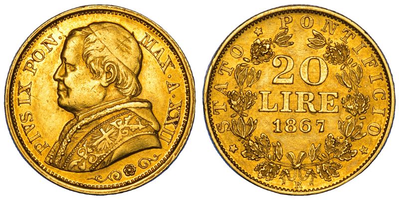 STATO PONTIFICIO. PIO IX, 1846-1878. 20 Lire 1867/A. XXII (tipo busto medio). Roma.  - Auction Numismatics - Cambi Casa d'Aste