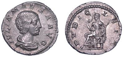 Giulia Mesa (attrib.), Denario romano con La Pudicitia e busto drappeggiato