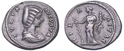 Giulia Domna, Denario (193–217), argento, busto a destra con legenda R/ Hilaritas stante