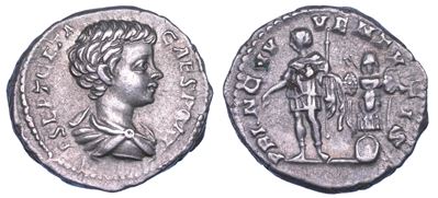 Geta (Cesare), Denario, busto drappeggiato e trofeo