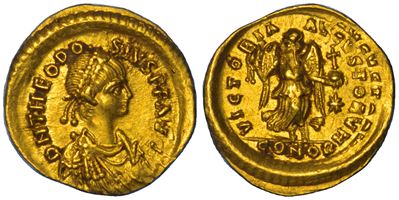 Teodosio II, Tremisse, Costantinopoli, 402-450 d.C.