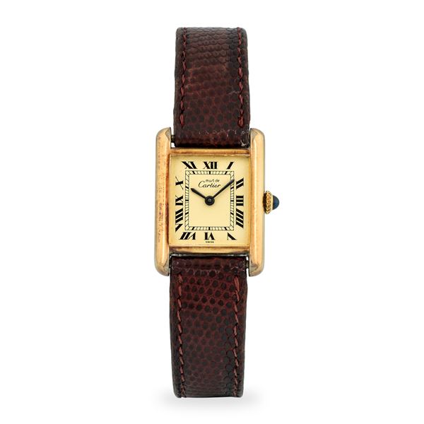 Cartier - Tank Vermeil in argento laminato, quadrante champagne con numeri Romani, circa 1980
