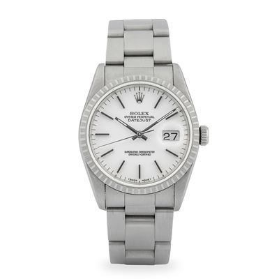 Datejust ref. 16220 in acciaio con quadrante bianco e ghiera godronata (circa 1990)