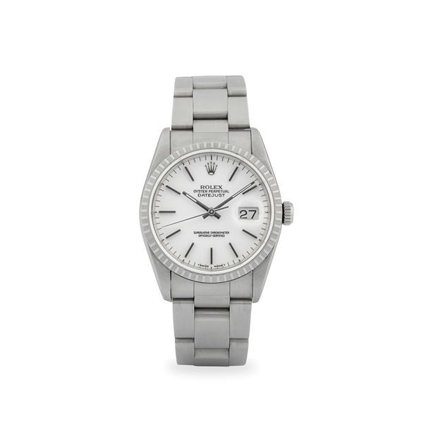 Datejust ref. 16220 in acciaio ghiera godronata, quadrante bianco con indici applicati, con garanzia originale, circa 1990