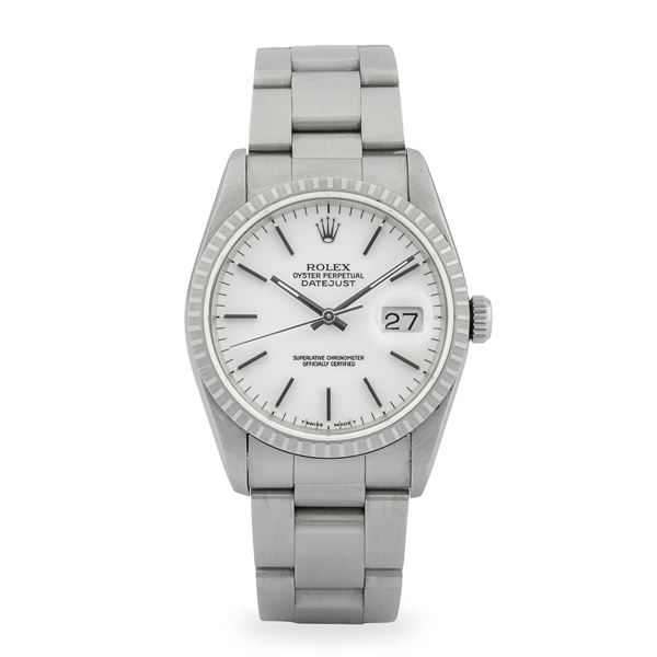 Rolex - Datejust ref. 16220 in acciaio ghiera godronata, quadrante bianco con indici applicati, con garanzia originale, circa 1990