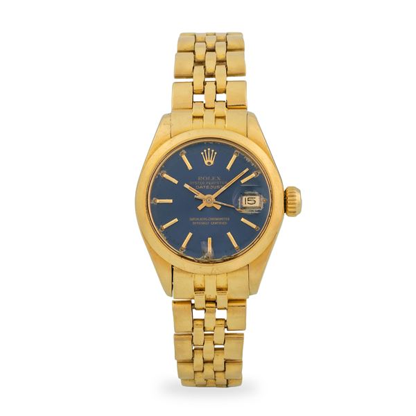 Rolex - Lady Datejust ref. 6916 in oro giallo 18k, quadrante blu con indici applicati e datario al tre, circa 1976