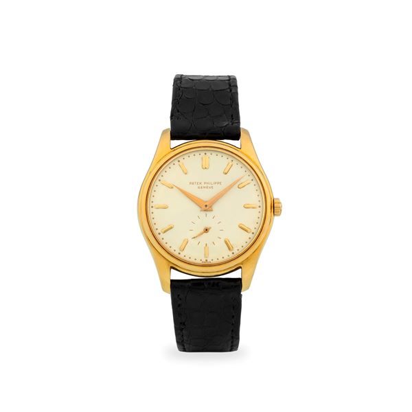Elegante Calatrava ref. 2526 in oro giallo 18k, quadrante in smalto bianco con indici applicati e lancette Dauphine, con scatola e garanzia, circa 1956