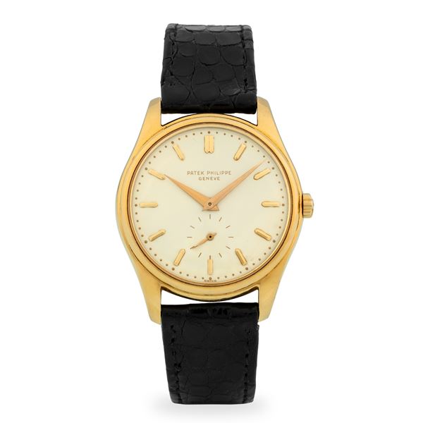 Elegante Calatrava ref. 2526 in oro giallo 18k, quadrante in smalto bianco con indici applicati e lancette  [..]