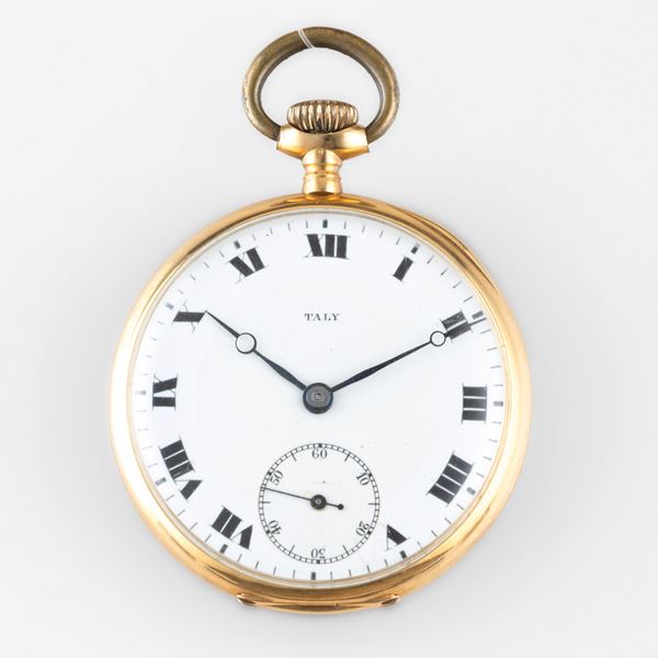 Orologio da tasca in oro giallo 18k, quadrante smalto bianco con lancette Breguet, numeri Romani e piccoli secondi al sei<BR>46 mm, peso 59 g
