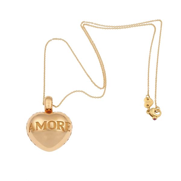 Enalmel and gold “Amore” pendent necklace. Signed Pasquale Bruni. Fitted case