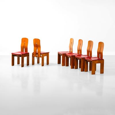 Sei sedie mod. 765, legno e pelle, Italia, circa 1970