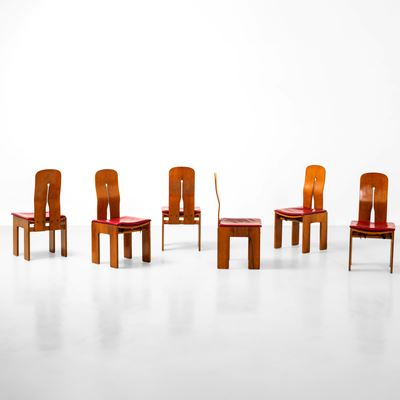 Sei sedie mod. 765, legno e pelle, Italia, circa 1970