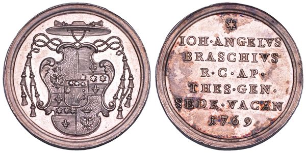 STATO PONTIFICIO. SEDE VACANTE 1769. Medaglia in argento emessa dal Tesoriere Generale Monsignore Giannangelo Braschi (poi Pio VI).