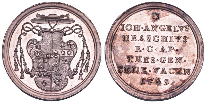STATO PONTIFICIO. SEDE VACANTE 1769. Medaglia in argento emessa dal Tesoriere Generale Monsignore Giannangelo Braschi (poi Pio VI).  - Auction Numismatics - Cambi Casa d'Aste