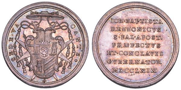 STATO PONTIFICIO. SEDE VACANTE 1769. Medaglia in argento emessa dal Prefetto dei Sacri Palazzi Apostolici e Governatore del conclave Monsignore Giovanni Battista Rezzonico.