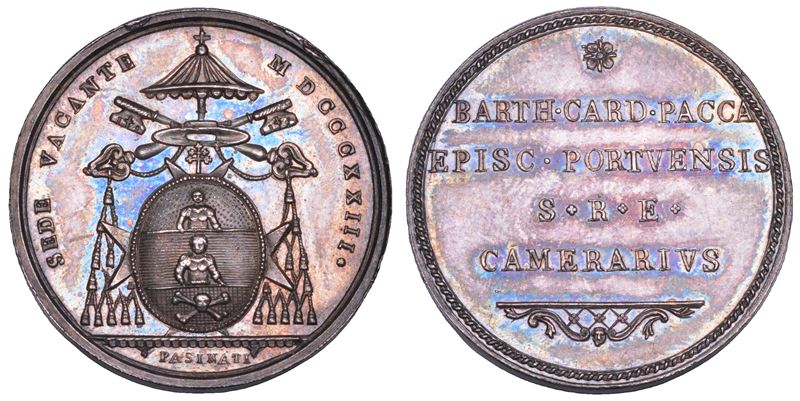 STATO PONTIFICIO. SEDE VACANTE 1823. Medaglia in argento emessa dal Cardinale Camerlengo Bartolomeo Pacca.  - Auction Numismatics - Cambi Casa d'Aste