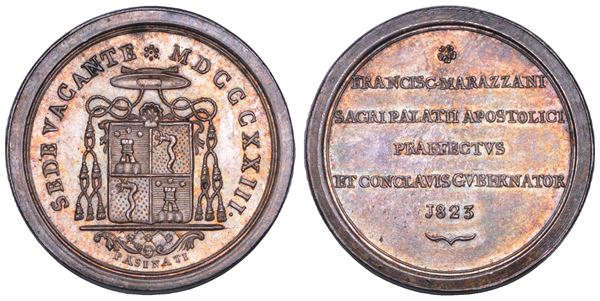STATO PONTIFICIO. SEDE VACANTE 1823. Medaglia in argento emessa dal Prefetto dei Sacri Palazzi Apostolici e Governatore del Conclave Monsignore Marazzani Visconti (prima variante).