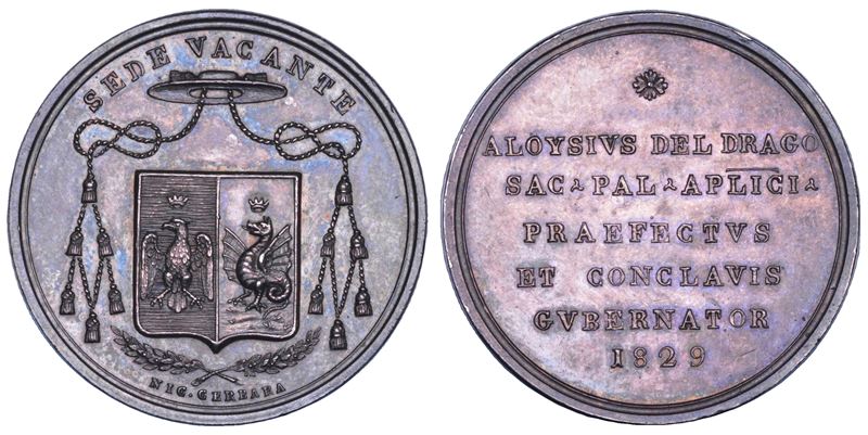 STATO PONTIFICIO. SEDE VACANTE 1829. Medaglia in argento emessa dal Prefetto dei Sacri Palazzi Apostolici e Governatore del Conclave Monsignore Luigi del Drago.  - Auction Numismatics - Cambi Casa d'Aste