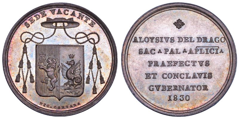 STATO PONTIFICIO. SEDE VACANTE 1830-1831. Medaglia in argento emessa dal Prefetto dei Sacri Palazzi Apostolici e Governatore del Conclave Monsignore Luigi del Drago.  - Asta Numismatica - Cambi Casa d'Aste