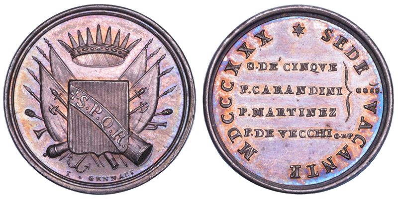 STATO PONTIFICIO. SEDE VACANTE 1830-1831. Medaglia in argento emessa dai Conservatori della Città di Roma. Anepigrafe.  - Asta Numismatica - Cambi Casa d'Aste