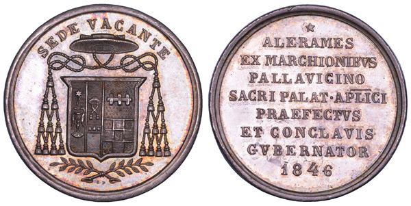 STATO PONTIFICIO. SEDE VACANTE 1846. Medaglia in argento emessa dal Prefetto dei Sacri Palazzi Apostolici e Governatore del Conclave Monsignore Alerame Pallavicino.