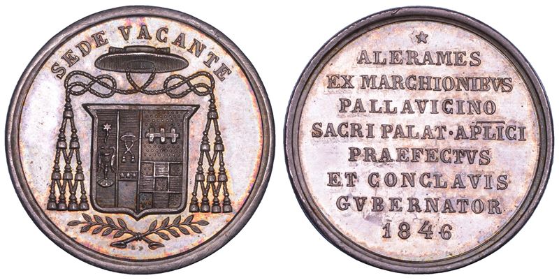 STATO PONTIFICIO. SEDE VACANTE 1846. Medaglia in argento emessa dal Prefetto dei Sacri Palazzi Apostolici e Governatore del Conclave Monsignore Alerame Pallavicino.  - Auction Numismatics - Cambi Casa d'Aste