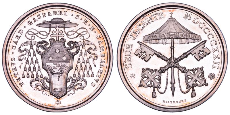 ROMA. SEDE VACANTE 1922. Medaglia in argento emessa dal Cardinale Camerlengo Pietro Gasparri.  - Auction Numismatics - Cambi Casa d'Aste