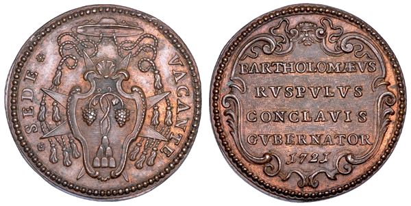 STATO PONTIFICIO. SEDE VACANTE 1721. Medaglia in bronzo emessa dal Governatore del Conclave Monsignor Bartolomeo Ruspoli.
