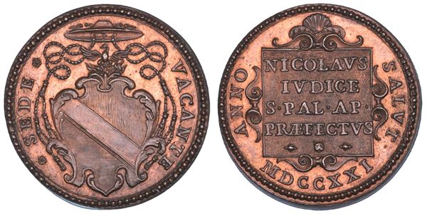 STATO PONTIFICIO. SEDE VACANTE 1721. Medaglia in bronzo emessa dal Prefetto dei Sacri Palazzi Apostolici Monsignore Nicolò del Giudice.