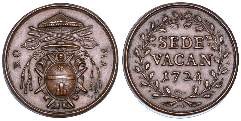 STATO PONTIFICIO. SEDE VACANTE 1724. Medaglia in bronzo emessa dal Cardinale Camerlengo Annibale Albani. Roma.  - Auction Numismatics - Cambi Casa d'Aste