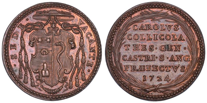 STATO PONTIFICIO. SEDE VACANTE 1724. Medaglia in bronzo emessa dal Tesoriere Generale e Prefetto di Castel Sant'Angelo Monsignore Carlo Collicola.  - Asta Numismatica - Cambi Casa d'Aste