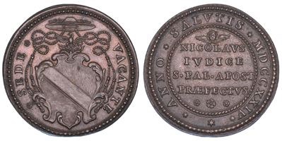 Monsignore Nicolò del Giudice, Medaglia in bronzo emessa nel 1724 per la Sede Vacante dello Stato...