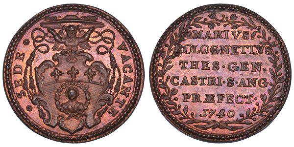 STATO PONTIFICIO. SEDE VACANTE 1740. Medaglia in bronzo emessa dal Tesoriere Generale e Prefetto di Castel S'Angelo Monsignore Mario Bolognetti.
