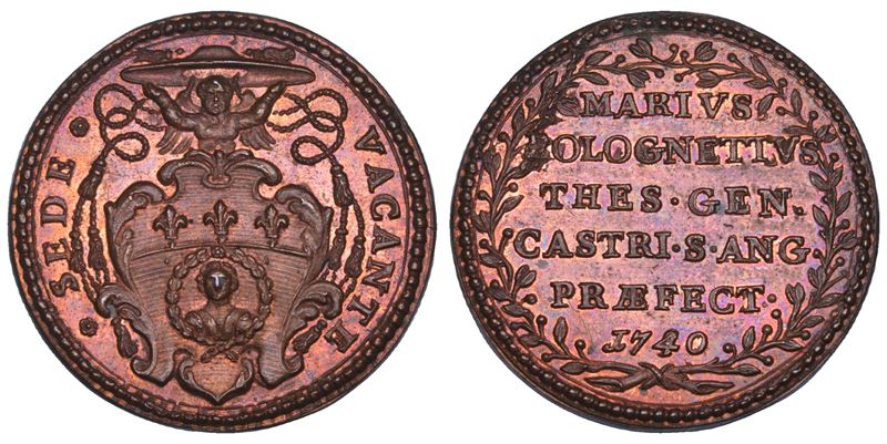 STATO PONTIFICIO. SEDE VACANTE 1740. Medaglia in bronzo emessa dal Tesoriere Generale e Prefetto di Castel S'Angelo Monsignore Mario Bolognetti.  - Asta Numismatica - Cambi Casa d'Aste